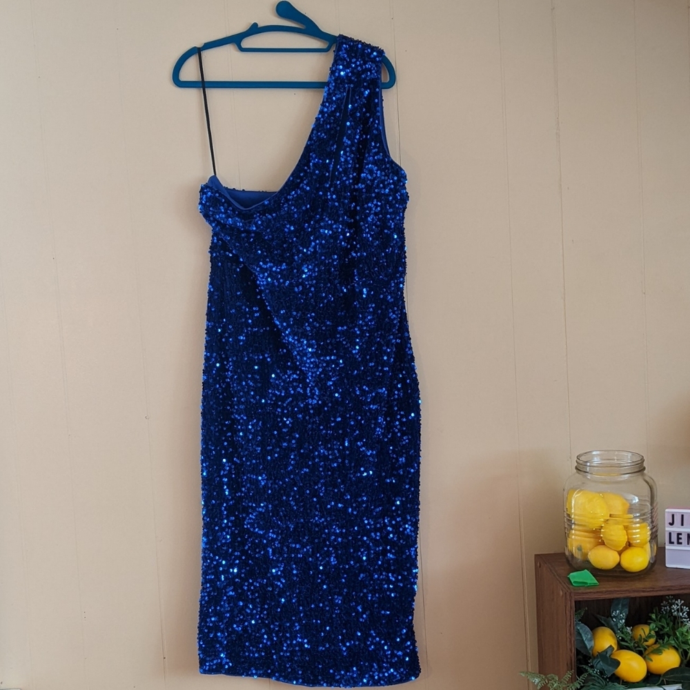 NWT Gorgeous Royal Blue One-Shoulder BodyCon Sequin Cocktail Dress 1X